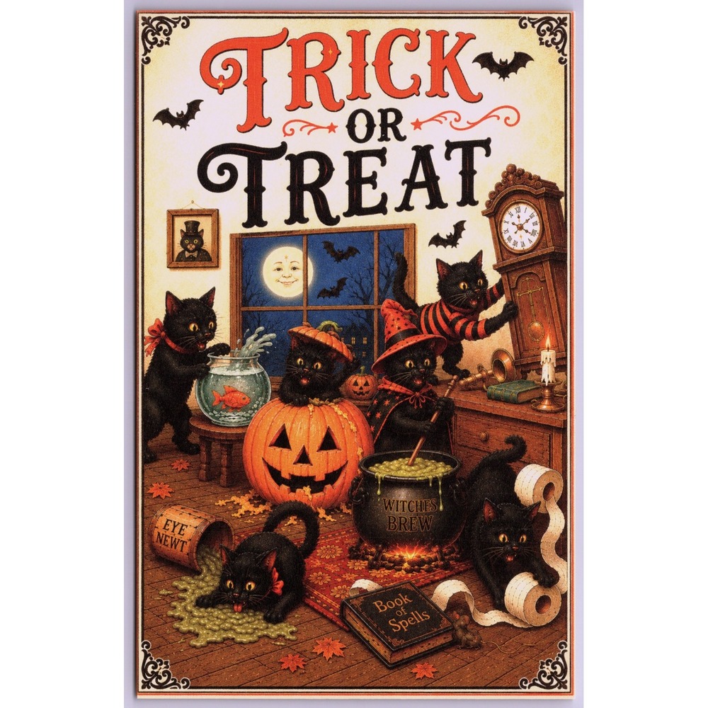 Anthropomorphic Black Cats Halloween Modern Postcard Limited Edition 1/100 Bats